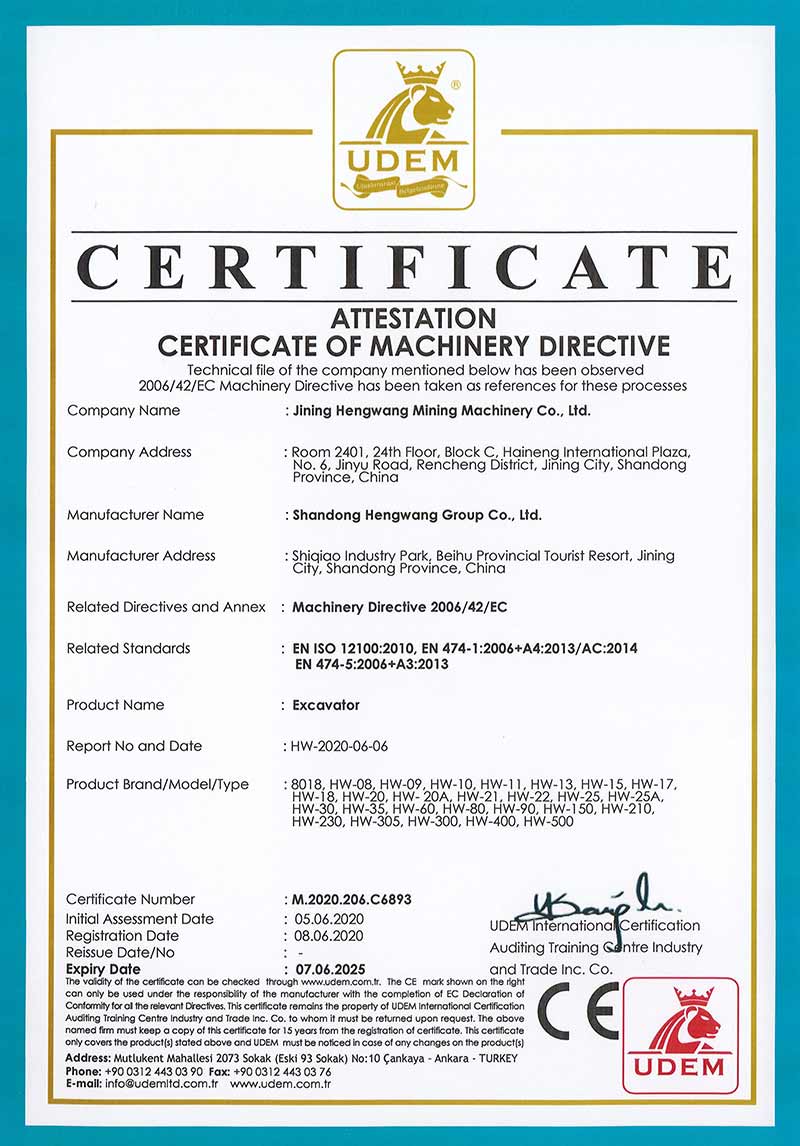 excavator certificate of machinery directive