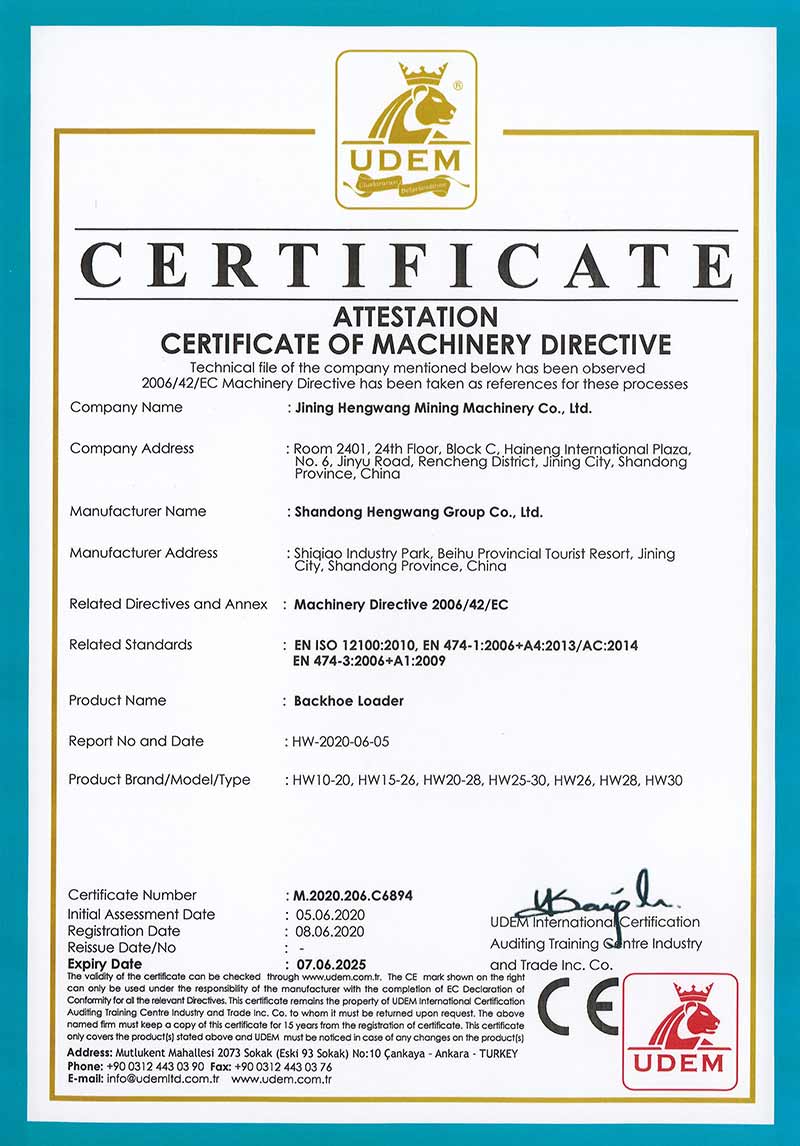 backhoe loader certificate of machinery directive