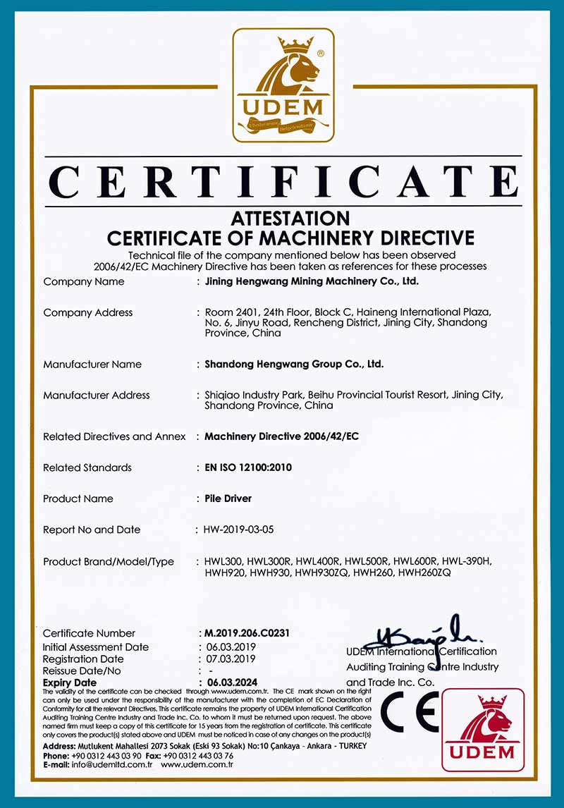 Pile Driver  certificate of machinery directive